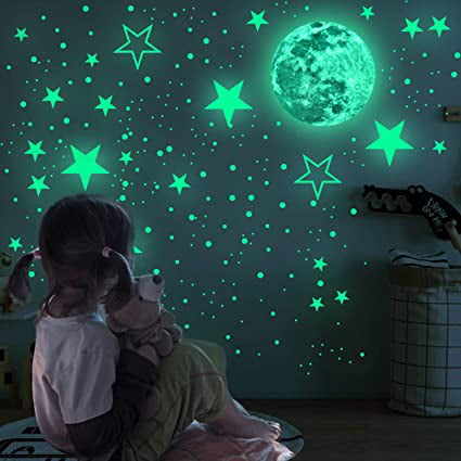 Glowing Ceiling Decals Stickers for Kids Wall Decals-Realistic Stars and Full Moon Shining Decoration Girls Boys 858 PCS Glow in The Dark Stars Wall Stickers 
